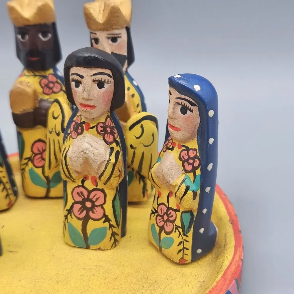 Handpainted Wooden Nativity Set Folk Art Colorful Table Piece Handcarved Mexico